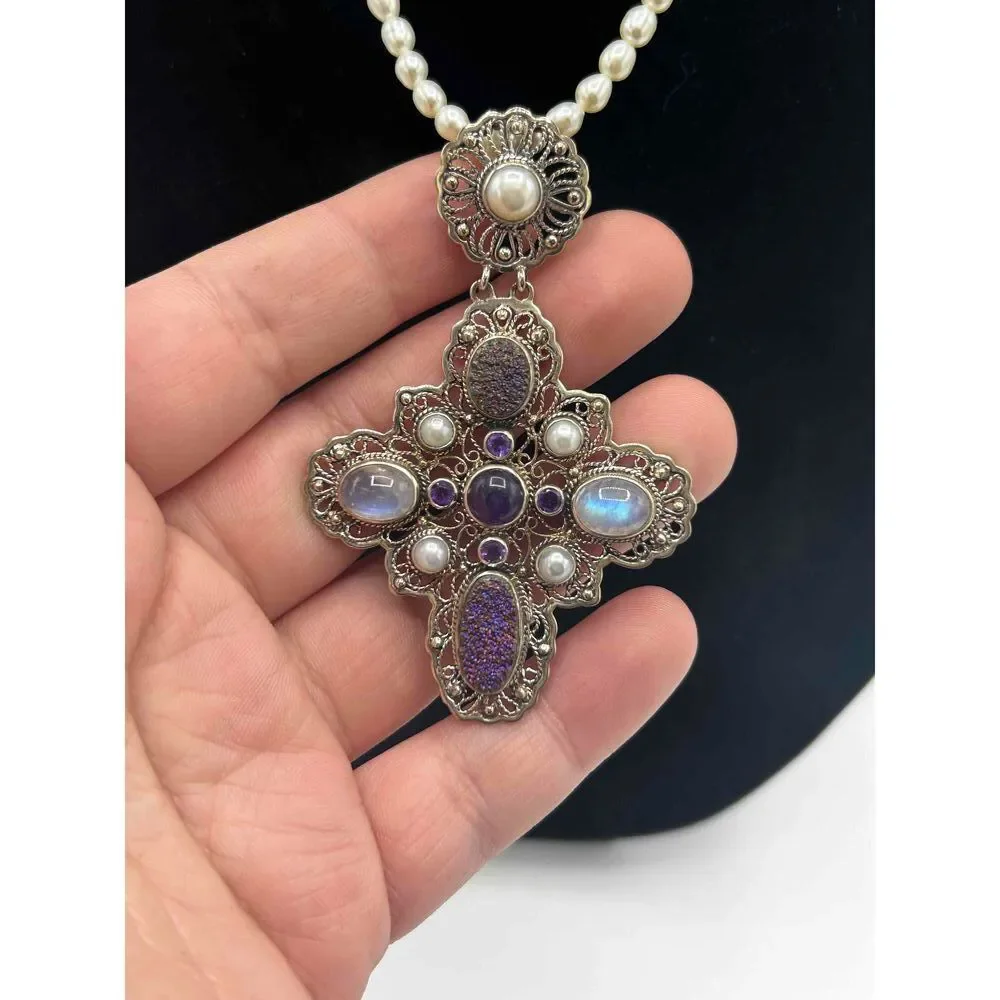 Vintage Nicky Butler Pearl Chain Pendant Necklace Ornate Cross Design